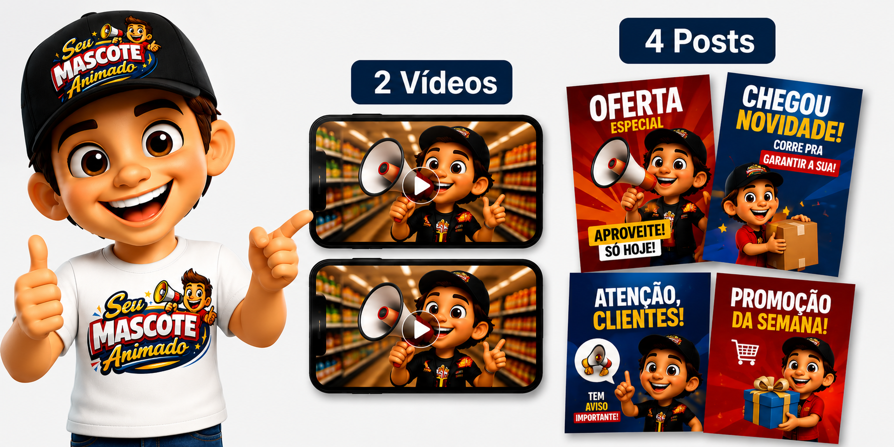 Pacote Engajamento — 2 vídeos + 4 posts personalizados com seu mascote