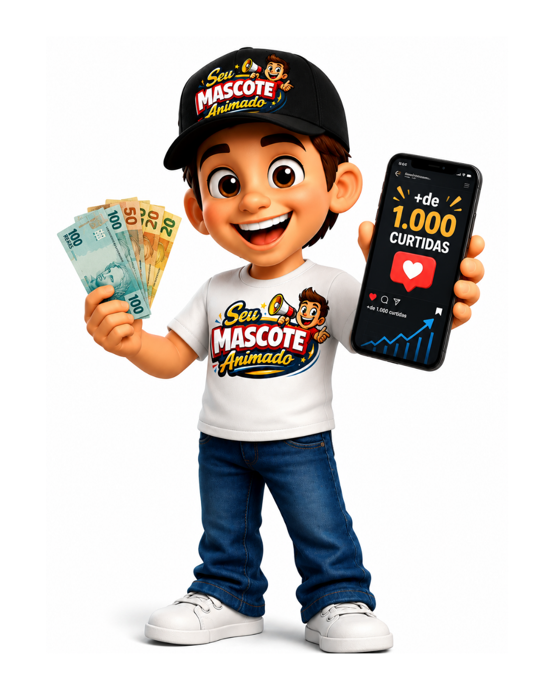 Mascote animado segurando dinheiro e celular com +1.000 curtidas