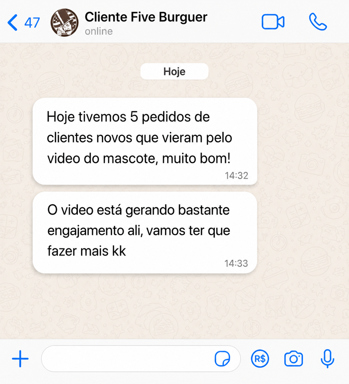 Cliente Five Burguer: 5 pedidos novos pelo vídeo do mascote